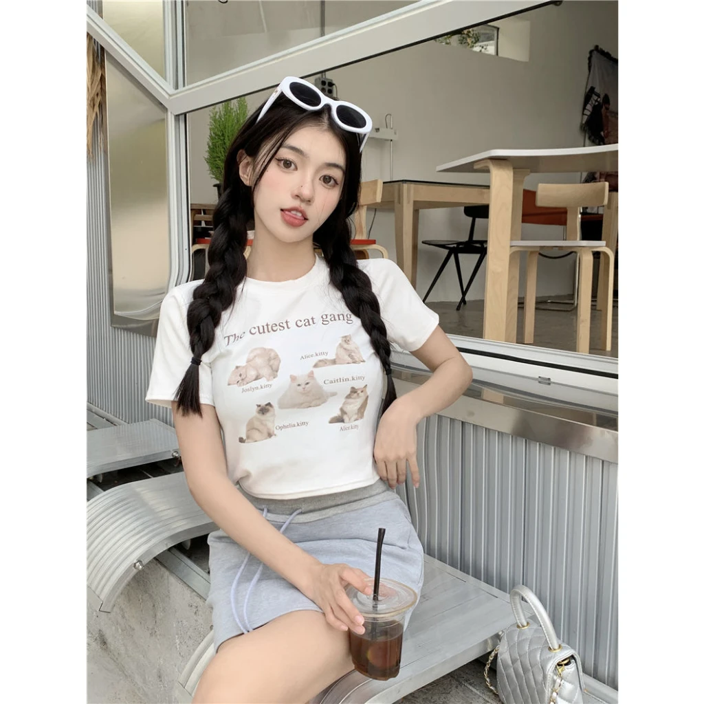 Printcess Top scurt pentru femei Y2K, sexy, subțire, cu mânecă scurtă, guler rotund, crop top cu imprimeu de pisici, cropTee, cool, la modă stradală, îmbrăcăminte pentru femei 979_voghion.com