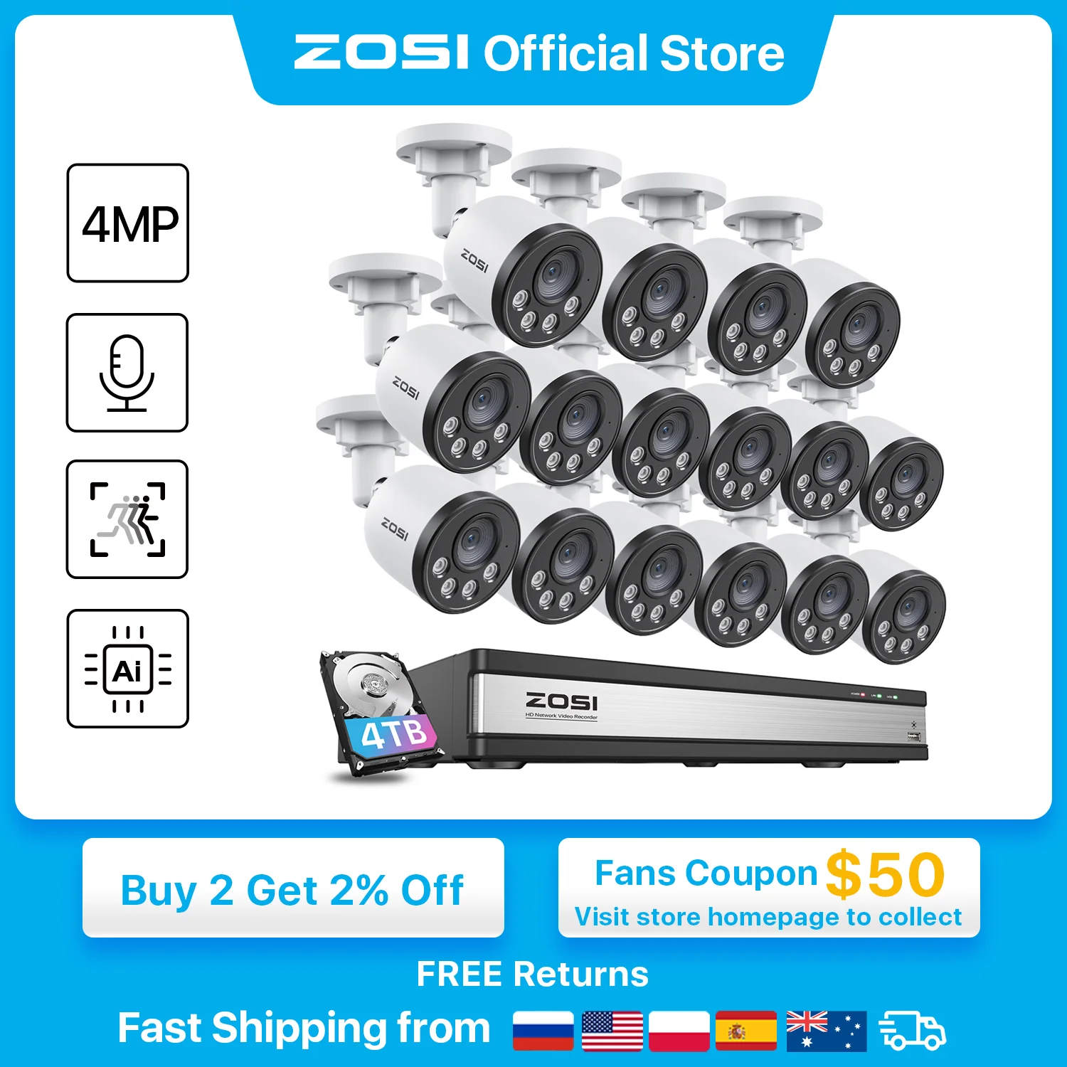 ZOSI POE Security Camera System 4K 16CH CCTV NVR 4MP HD Outdoor PoE IP Cameras AI Smart Human Detection Video Surveillance Kit