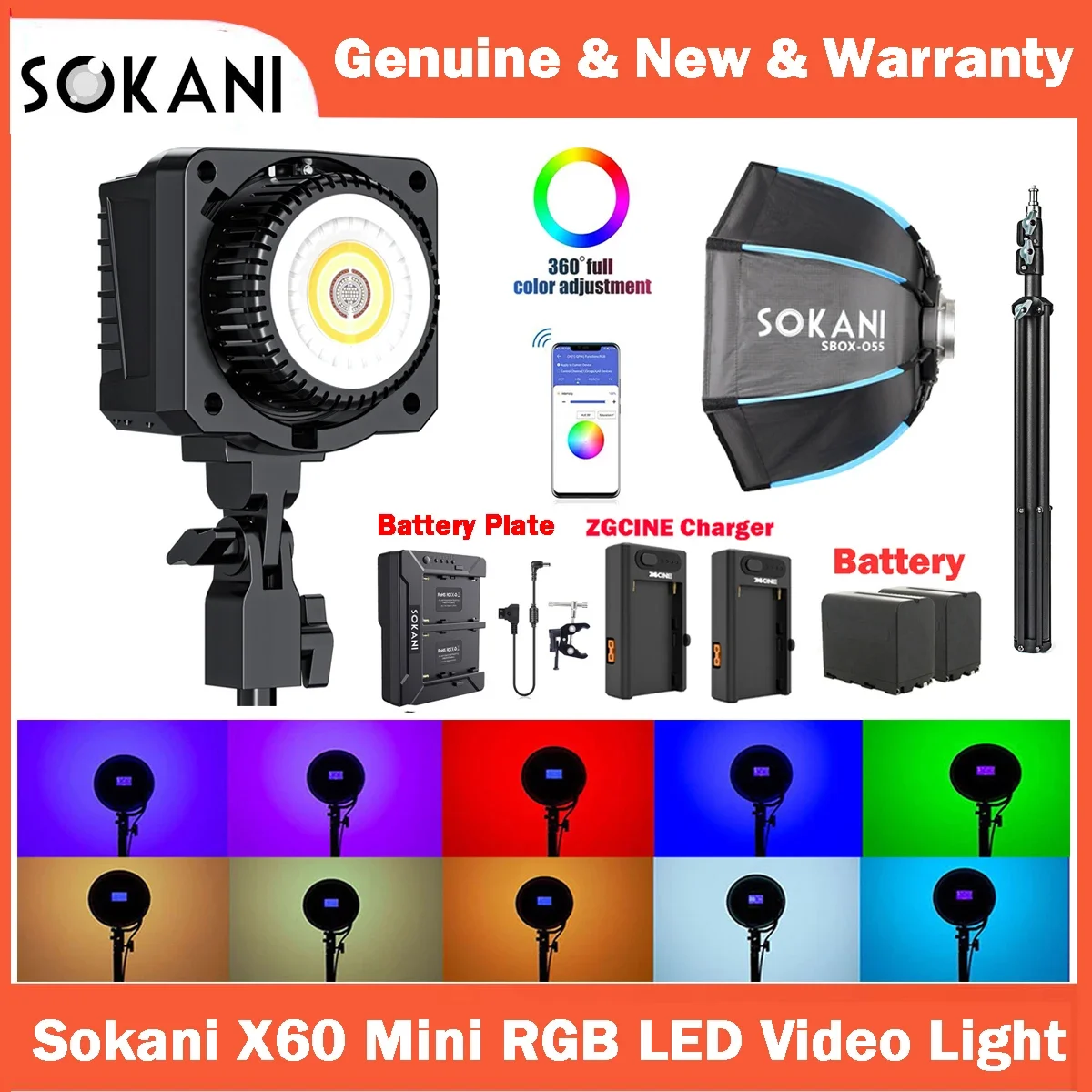KR & MX Sokani X60 미니 60W RGB LED 비디오 라이트, 사진 비디오 녹화용 보웬스 마운트, 야외 촬영 앱 제어