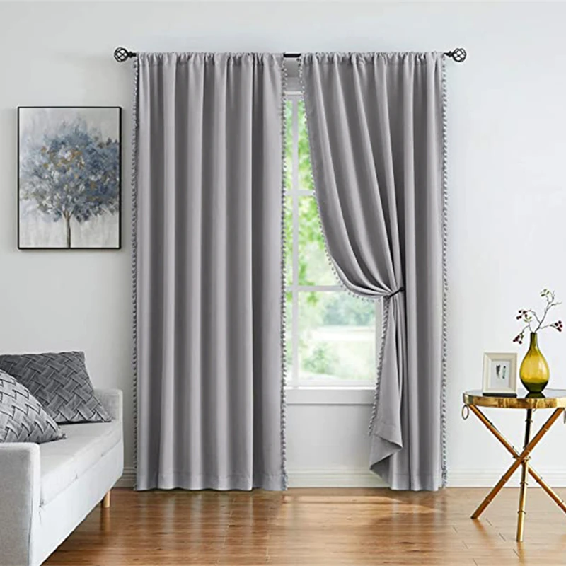 Grey Pom Pom Curtains for Bedroom Thermal Insulated Half Blackout Curtain Panels for Living Room Blinds Drapes Home Decor