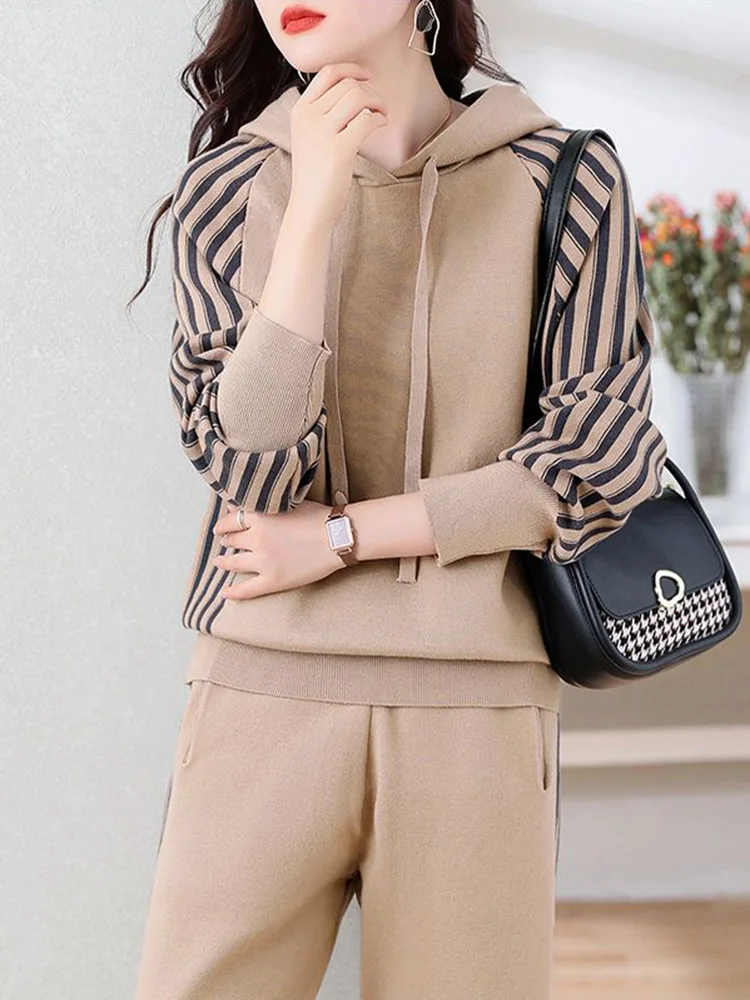 Casual Striped Hooded Sweatshirt Two Piece Set Fall Fashion Drawstring Tops Tracksuit Baggy Running Wear Jogger Pants Conjuntos