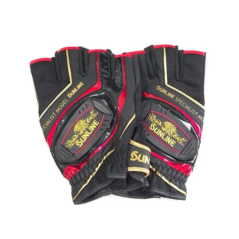 Fishing Gloves New Sunline Men Leather Anti-Slip 3/5 Half-Finger Cut Sports Hiking Cycling Wear-resistant