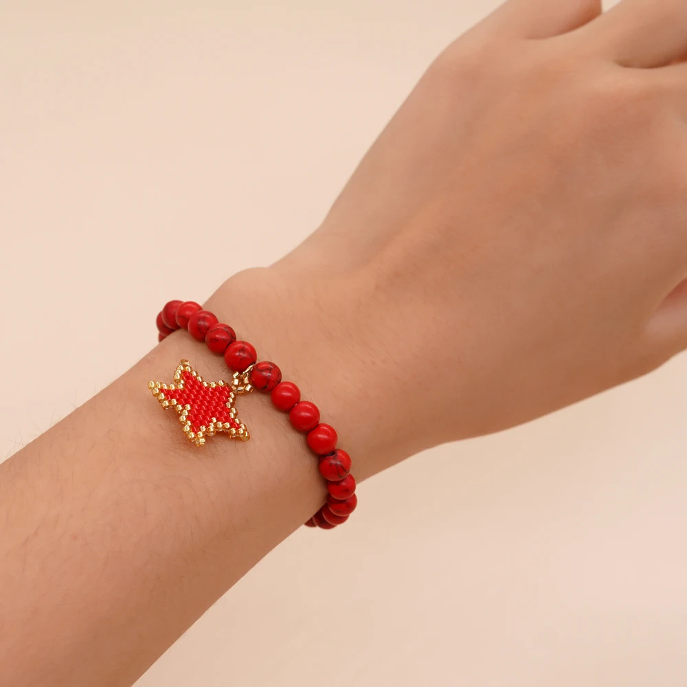 Go2Boho Girls Bracelet Red Turquoise Red Six-Pointed Star Rice Beads Couple Men Women Fashion Jewelry Lucky Accessories