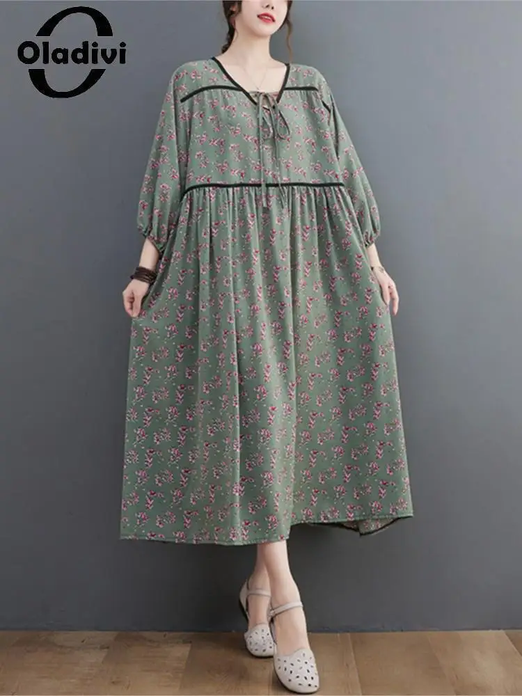 

Oladivi Large Size Women's Clothing Fashion Floral Print 3/4 Length Sleeve Casual Loose Dress 2022 Summer Oversized Dresses 5341
