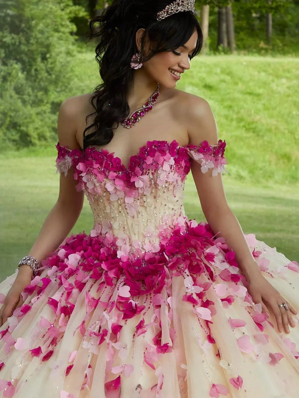 Kleurrijke 3d Bloem Quinceanrra Prom Jurken Sierlijk Off The Shoulder Prinses Lange Glitter Pailletten Sweet 16 Jurk Vestido