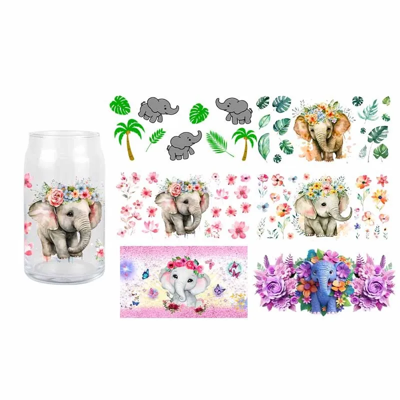 Elephant 3D UV DTF Cartoon Transfer Sticker Wraps Cup Libbey Glass Cup Decals Waterproof UV DTF Sticker