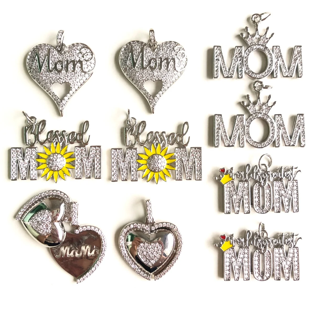 10pcs Mix Charms Bundles Blessed Mom World's greatest Mom 3D Heart Crown Mom Double Heart Pendants for Women Bracelets Necklaces