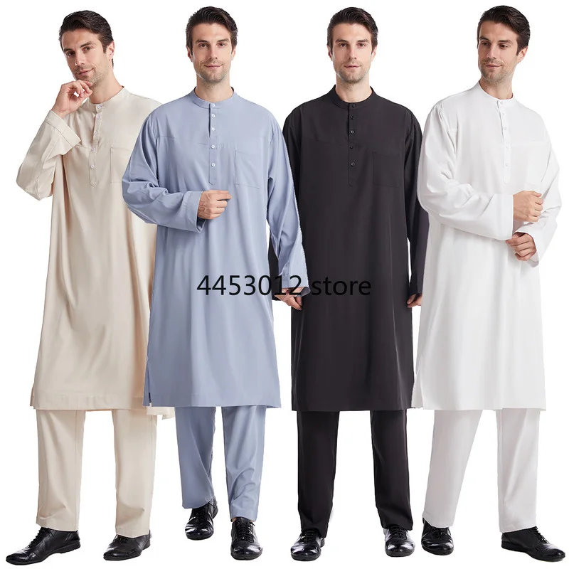 Müslüman arap erkekler Jubba Thobe düğme bornoz + pants2pcs elbise ...