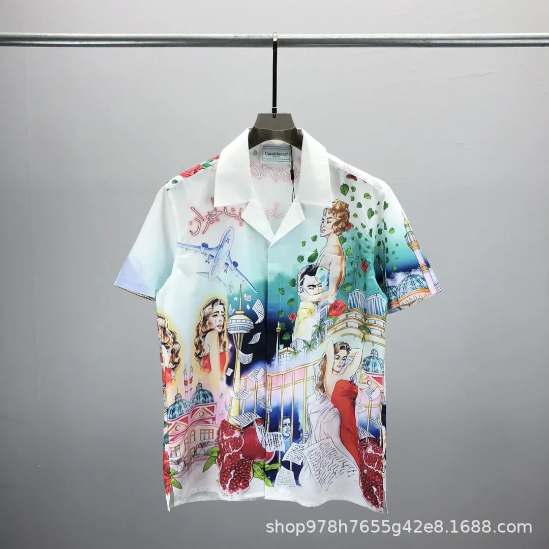 

Hight Quality Casa Trendy Brands Men Summer Short Sleeve Shirt Digital Pattern Printing Beach Loose Cardigan Short Silk shirts