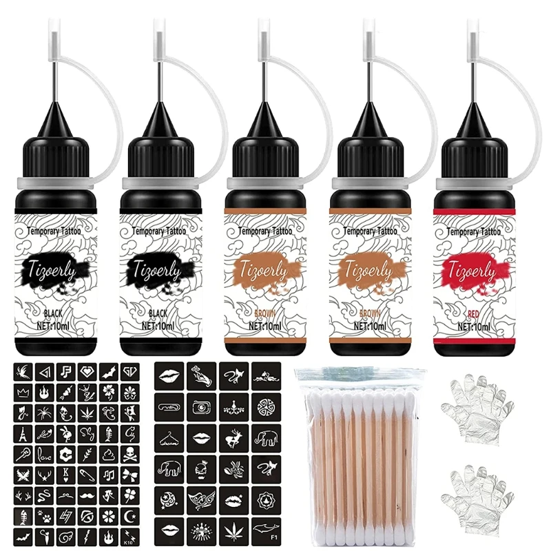 Temporary Tattoo Sticker Temporary Drawing Full Art Paint Fake Tattoos for Body Markers DIY Gel 78x Stencils 5 Bottles tattoo transfer paper,temporary tattoo sticker