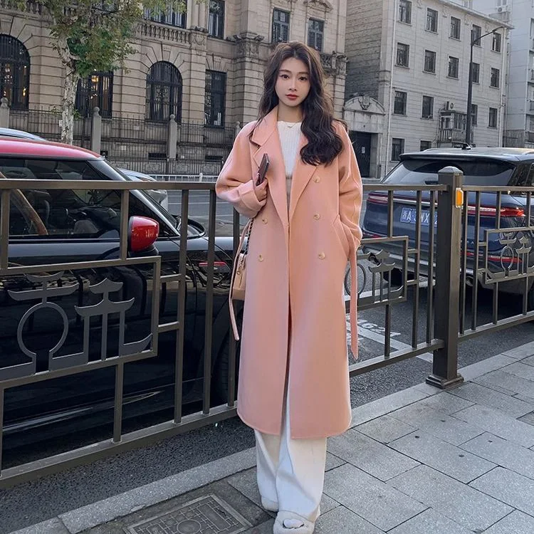 Lace Up Faux Woolen Coat Women Full Sleeve Double Breasted Notched Female Long Jacket 2024 Fashion Loose Causal Lady Outwear