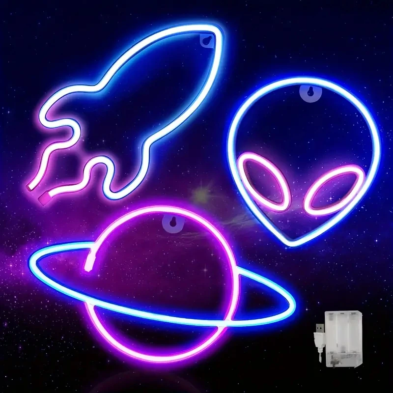 녹색 외계인 네온 사인 LED 네온 사인, 벽 장식 침실 남자 소년 홈 파티 장식, 로켓 네온 라이트, 어린이 생일 선물