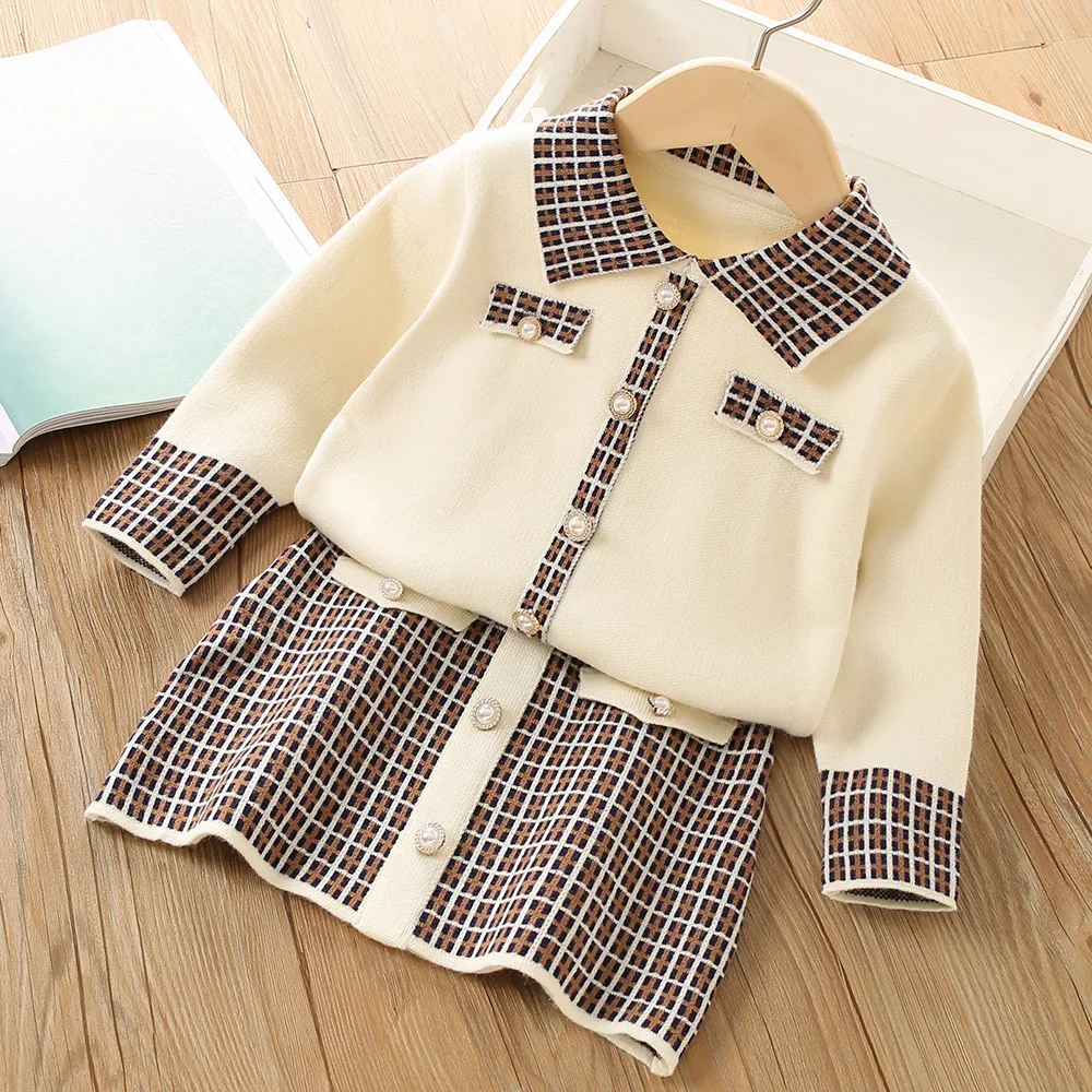 

Girls Knitting Suit Korean Sweater Girls Autumn Winter Long Sleeve Fashion Knitting Top + Skirt 2pcs Princess Knitted Clothes