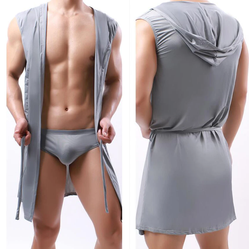 Men Hooded Bathrobe Mesh Silk See Through Sleeveless Towel Long Bath Robe Hoodies Nightgowns Sleepwear Loose Casual Sleep Tops Ice Silk Bathrobe