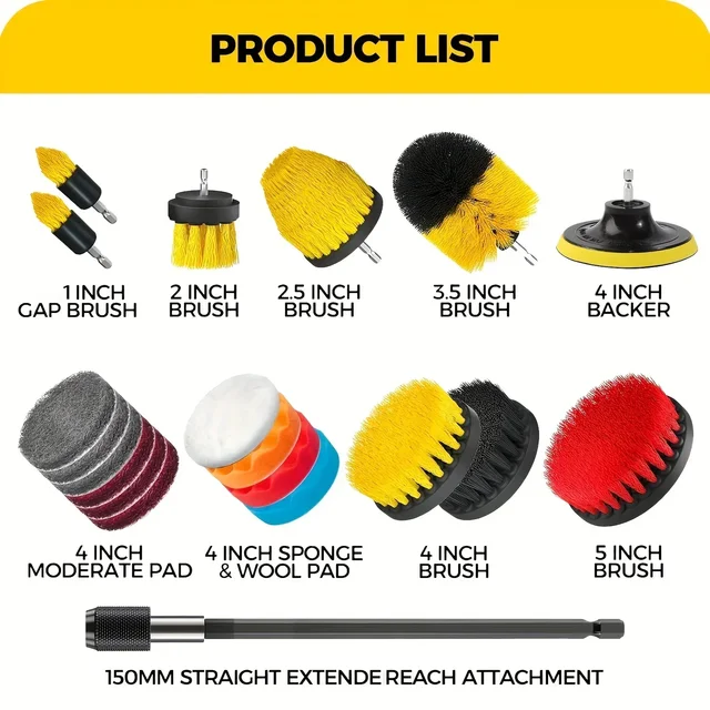 Ensemble d'accessoires de brosse de forage multi-usages, kit d'outils de brosse de livres, perceuse polyvalente avec rallonge pour sol, automobile, ensemble de 7 pièces 3