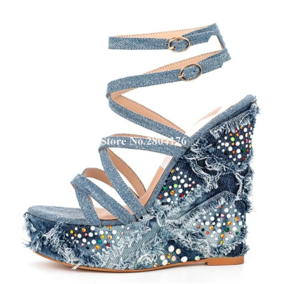 

Blue Denim Rhinestones Wedge Sandals Charming Thin Straps Cross High Platform Ankle Straps Wedges Fashion Heels