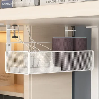 Bandeja organizadora de cables bajo el escritorio (sin perforaciones). Organizador de mesa de oficina con rejilla metálica y soporte de sujeción.