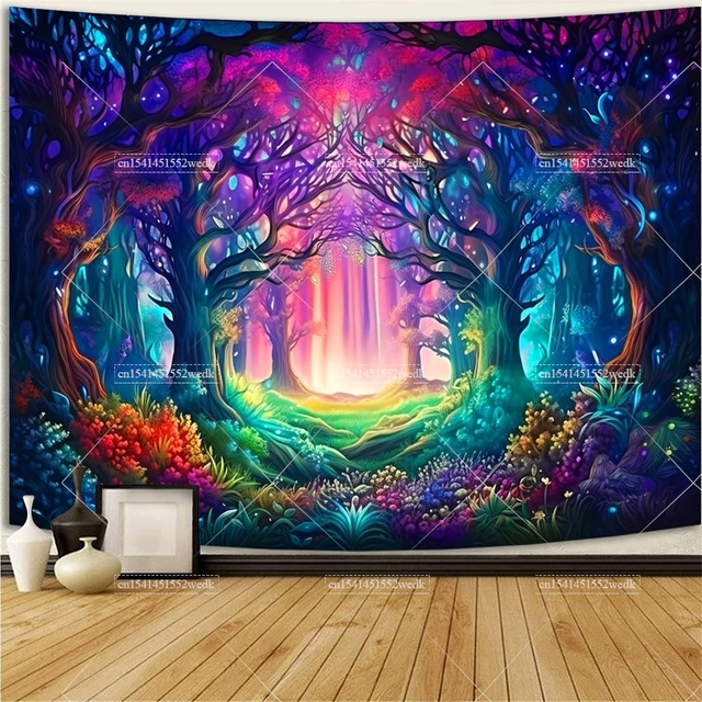 Tapisserie fantaisie forêt à lumière noire, arbre néon réactif aux UV, tapisserie à lumière noire qui brille dans la nuit, décoration murale, arrière-plan de fête 3