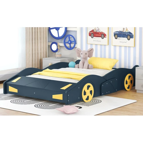 Full Size Race Car-Shaped Platform Bed with Wheels and Storage, Dark Blue+Yellow 6