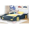 Full Size Race Car-Shaped Platform Bed with Wheels and Storage, Dark Blue+Yellow 6