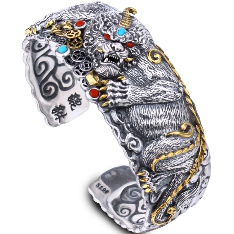 

S925 Sterling Silver Men's Wide Classic Fashion Domineering Pixiu Bracelet To Attract Wealth Personality Retro Chinese Style