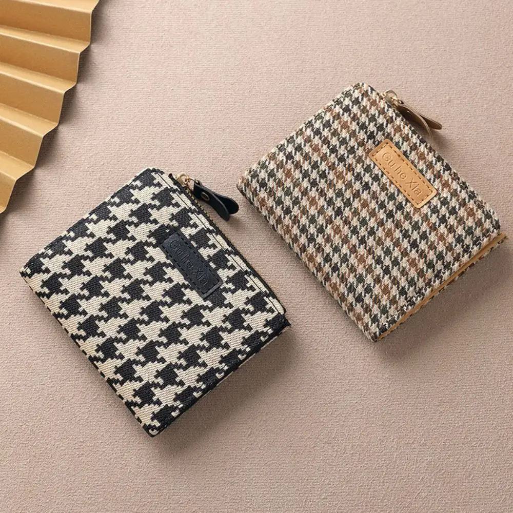 Korean Style Retro Houndstooth Short Wallet PU Leather Card Bag Female Multi-card Slot Credit Card Bag Small Zipper Coin Purse
