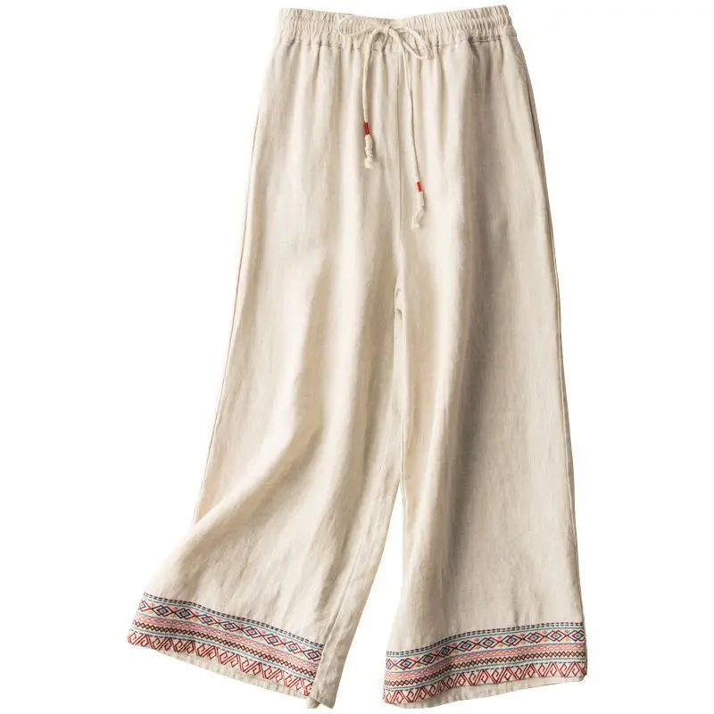 

Summer Elastic Waist Solid Color Vintage Wide Leg Trousers Women High Street Cotton Hemp Embroidered Patchwork Drawstring Pants
