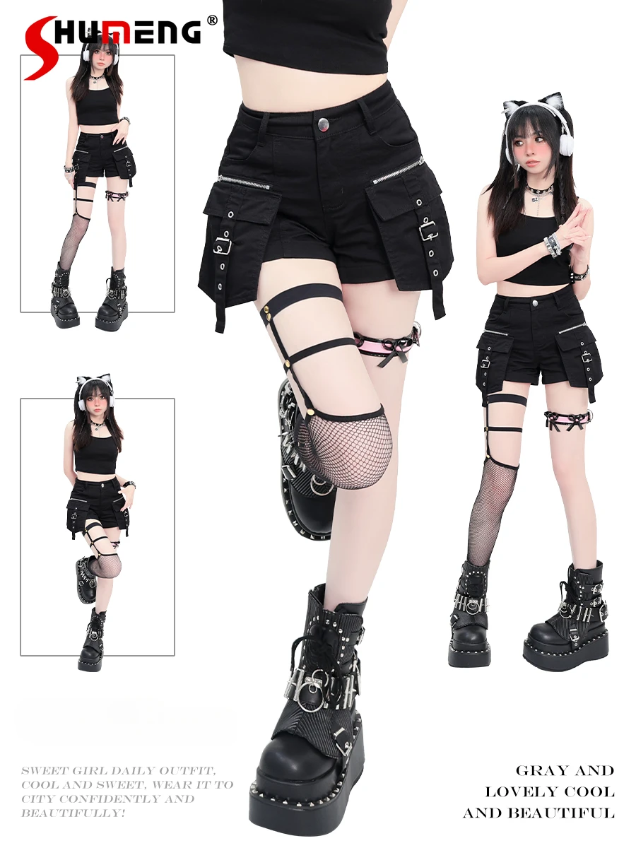 

High Street Punk Style Y2K Denim Shorts Zipper Pocket Stitching High Waist Tight Cool Short Pants Jeans Shorts Women Summer 2024