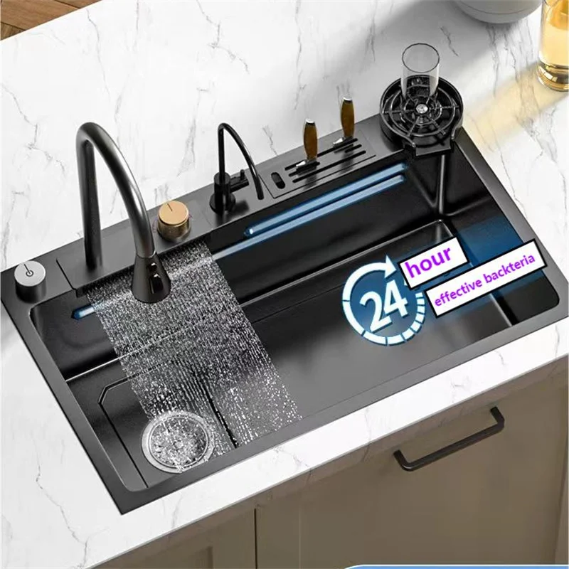 Nano 304 Stainless Steel Flying Rain Waterfall Sink Large SingleTrough Vegetable Basin kitchen accessories kitchen sink Kitchen Cup Washer Household Lleft Side