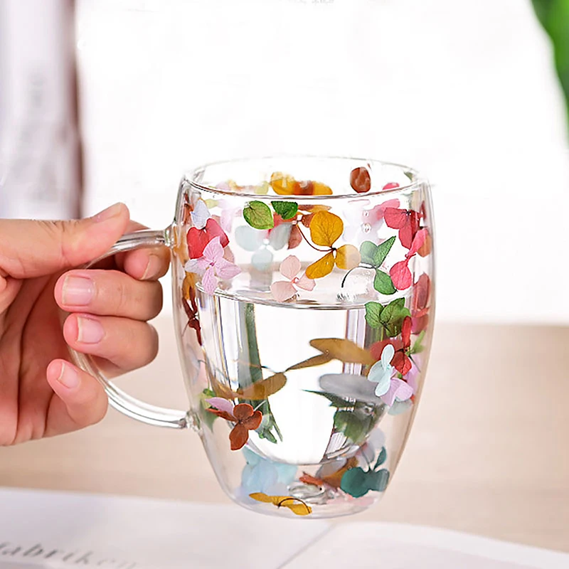 Glass Cup Creative Double Wall Glass Cup Dried Flower Filler Glass Cups Tea Coffee Cups Gifts High Borosilicate With Handles