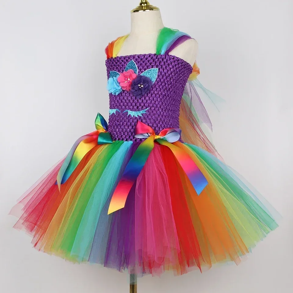 Girls Princess Unicorn Tutu Dress With Wings & Headband – Rainbow Tulle, Flower Accents, Sizes 2-8 Years