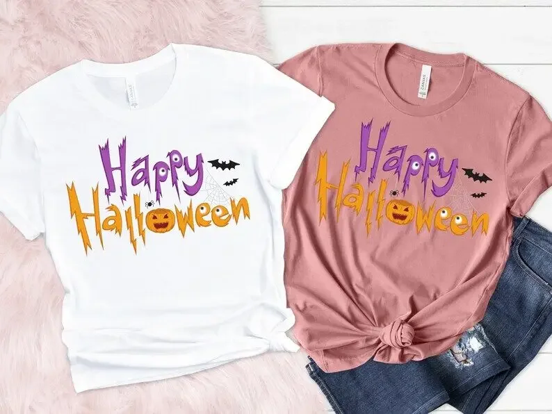 

Halloween Tshirt, Happy funny Gift for her and him Party Costume Family Matching 100%cotton Short Sleeve Top Tees O Neck Unisex
