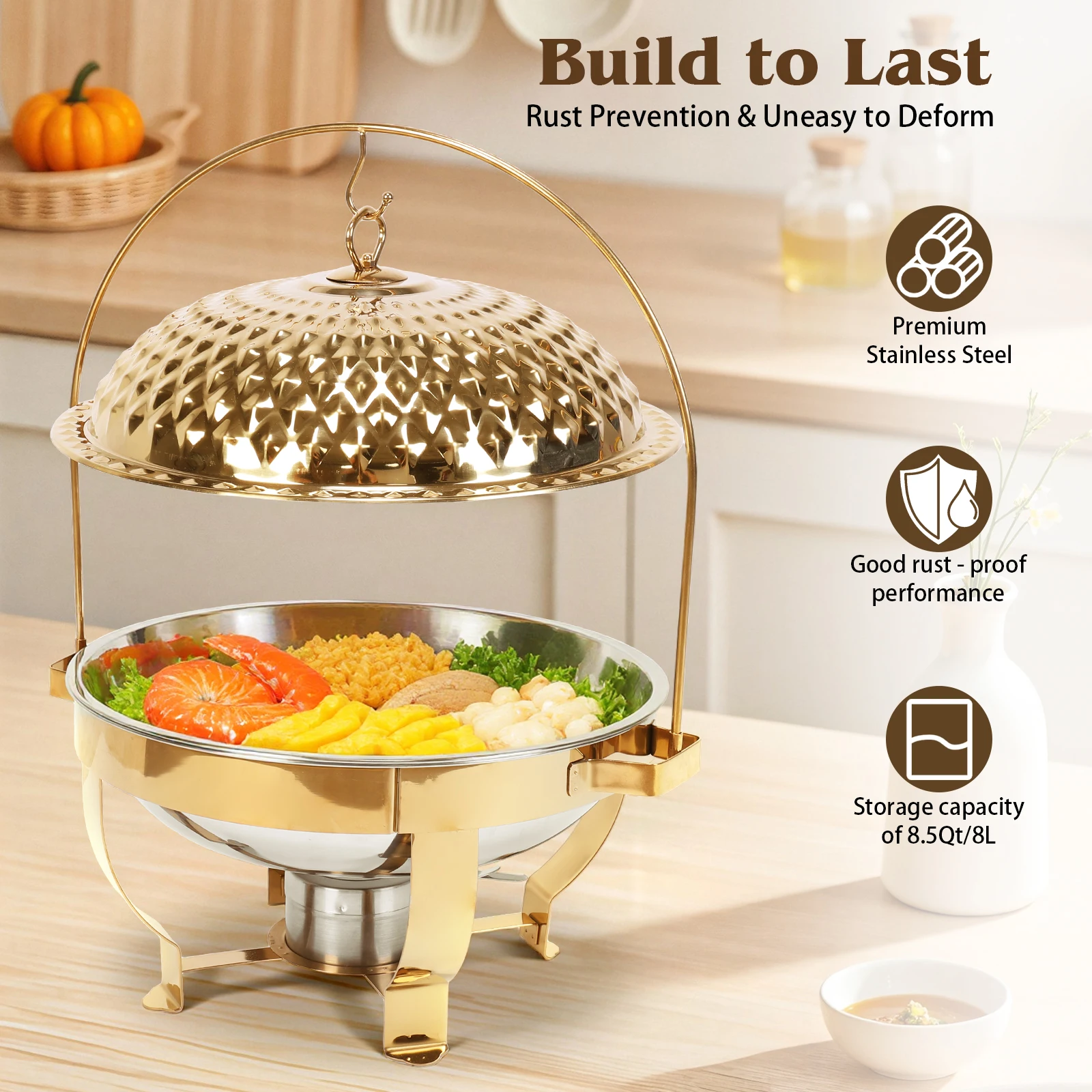 4Pcs Round Buffet Chafer Wear Resist Hanging Lid Dining Stove Large Capacity Countertop Warming Tray for Family Gathering Party