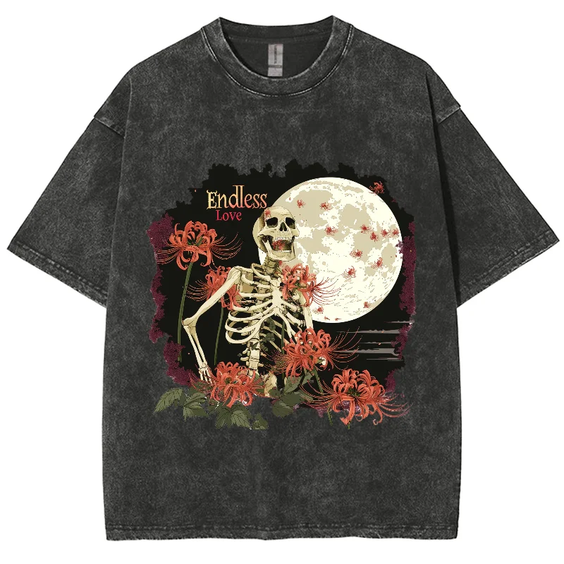 

Washed T-shirt, Skeleton Man And Red Spider Lily Flower Endless Love, Oversized Streetwear Vintage Washed Tshirt For Men Women