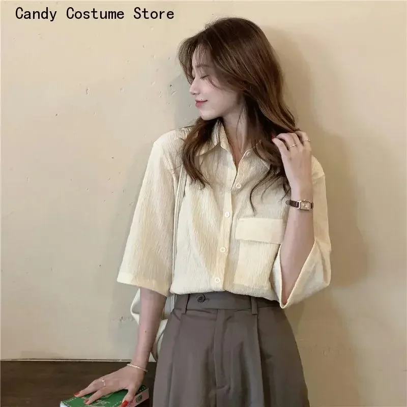 Retro Classic Daily Casual Simple Basic Pure Breathable Summer Pockets Tender Fashion Tops Korean Style Ladies Shirts Women