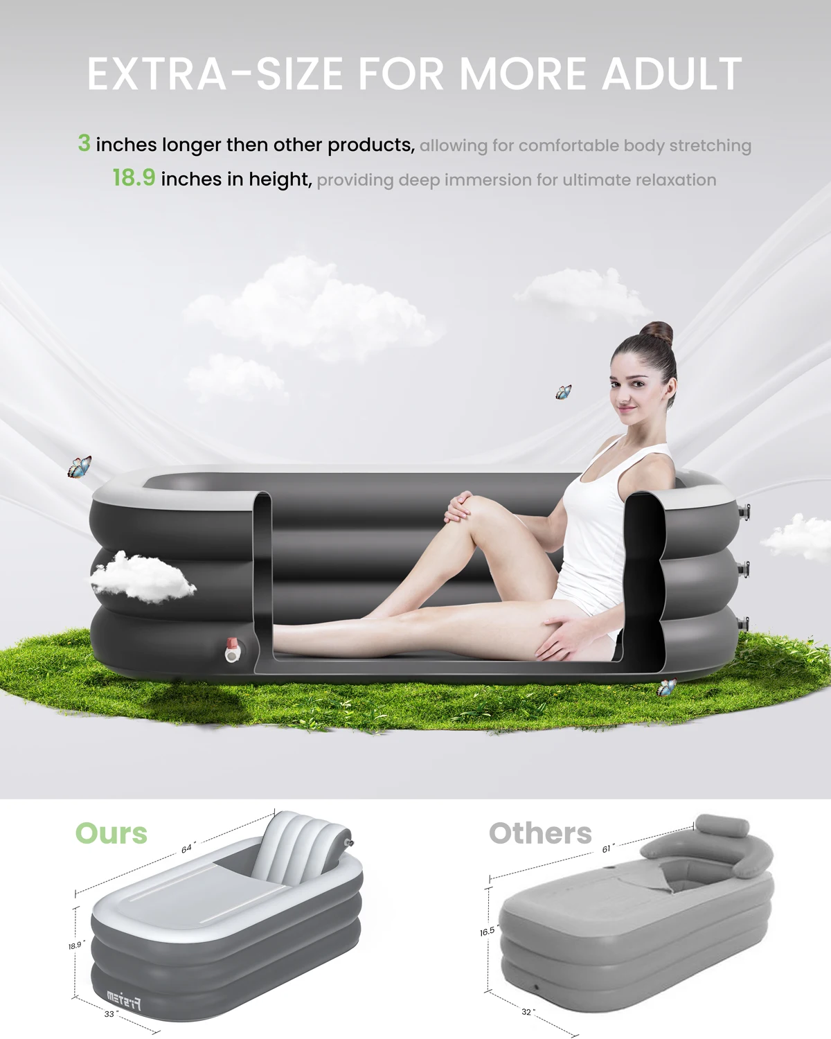 Inflatable Bath Tub for Adults, 64" Collapsible Ice Bath Tub for Athletes, Portable Foldable with Wireless Electric Air Pump
