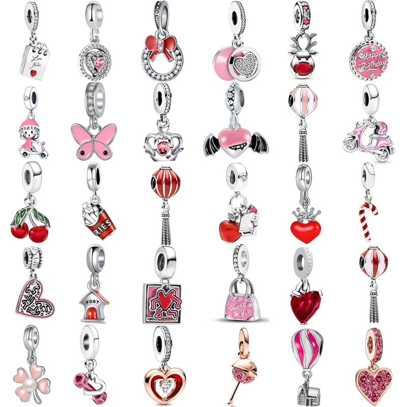 

Newest Pink Pendants Hot Air Balloon House Love Girl Beads Fit Original Pandora Charms Silver Color Bracelets DIY Women Jewelry