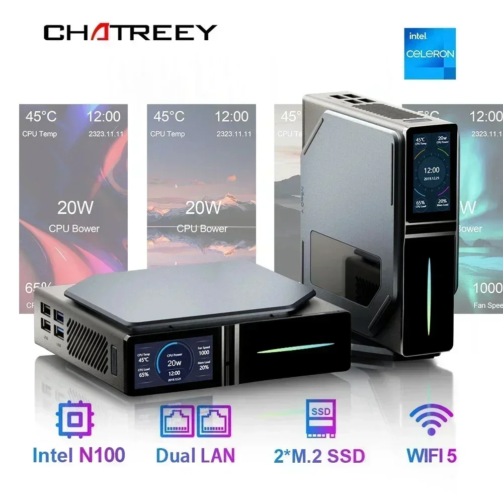 Chatreey S1 Mini PC Intel Alder Lake N95 N100 Windows 11 Ultra Small Pocket Computer Dual SSD 2xHD 2.0 4K 60Hz RGB industrial mini pc