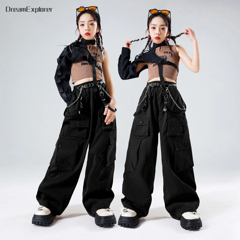 Girls Hip Hop Cropped Top Cargo Pants Clothes Sets Children Street