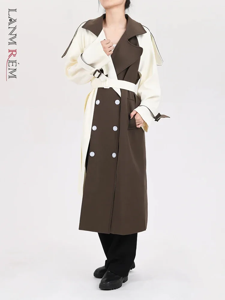 

[LANMREM] Designer Contrast Color Trench Double Breasted Patchwork 2024 Spring New Female Fashion Lace-up Windbreaker 2C740