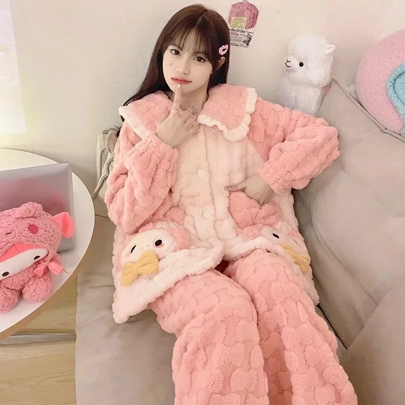 New Coral Fleece Pajamas Women Thick Suit Lapels Cartoon Sweet Girls Flannel Loungewear Casual Warmth Famale Sleepwear Sets