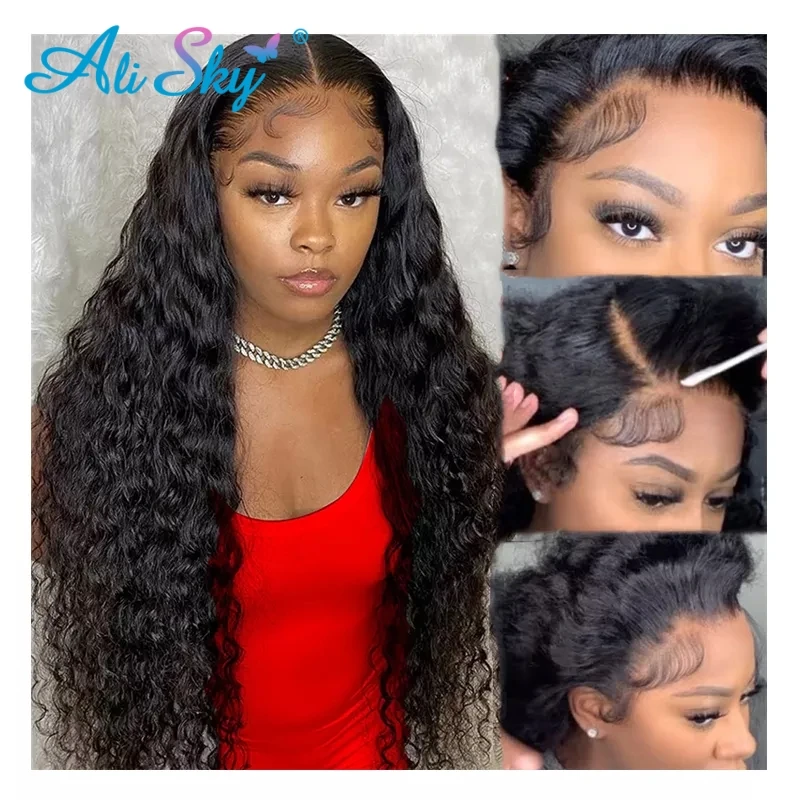 

13x4 Deep Wave Lace Frontal Human Hair Wig Transparent HD Glueless Preplucked Human Wigs Ready To Go Online Shop for Women