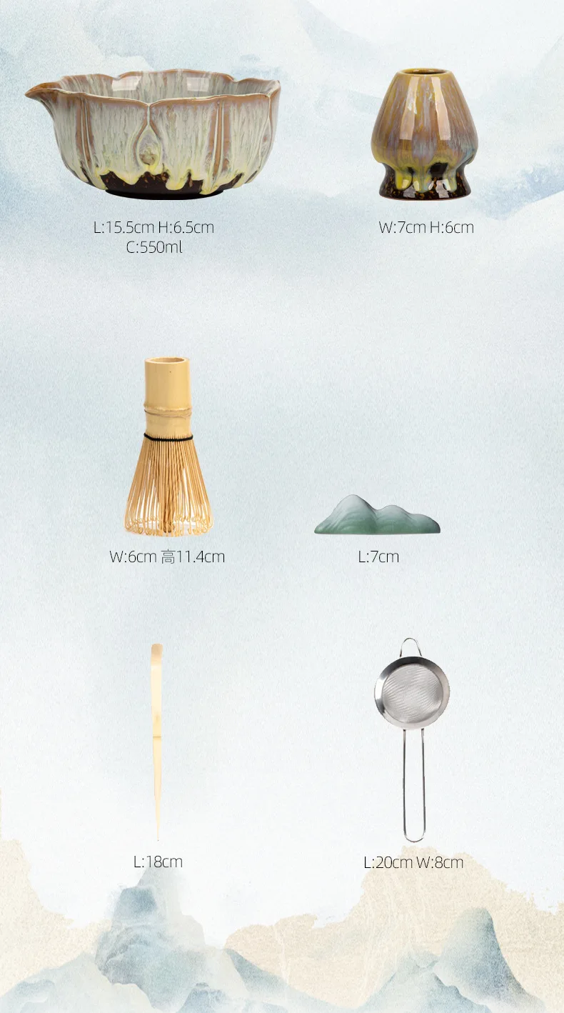 Petal Matcha Set 8 Pcs KilnChange Glazed Matcha Kit with Matcha Bowl Whisk Spouted Tools Handcrafted Ceremony luxury Gift Box