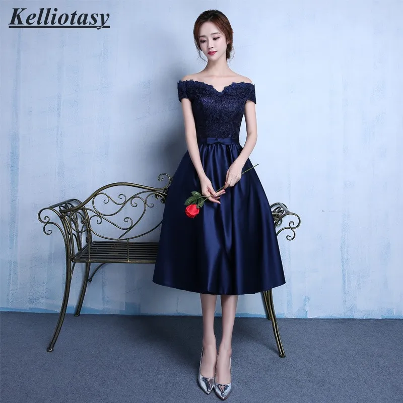 Navy Blue Bridesmaid Dresses Plus Size Off Shoulder Lace Appliqued Bridesmaid Gown Women Party Dress Formal