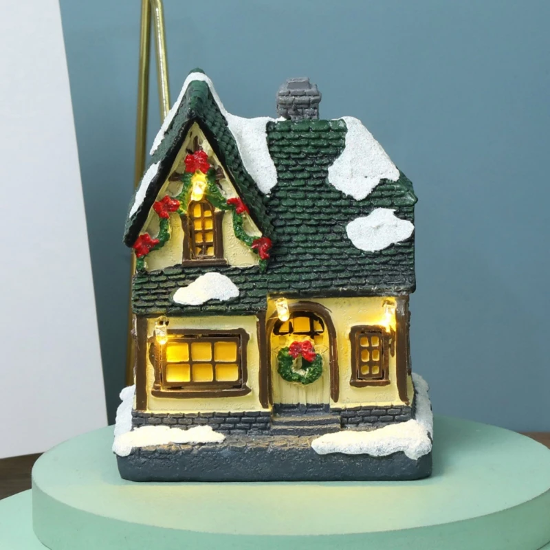 LED Resin House Village Ornaments Figurines Decoration Snow View House Holiday Christmas Glow Ornaments Gifts Party Home Decor