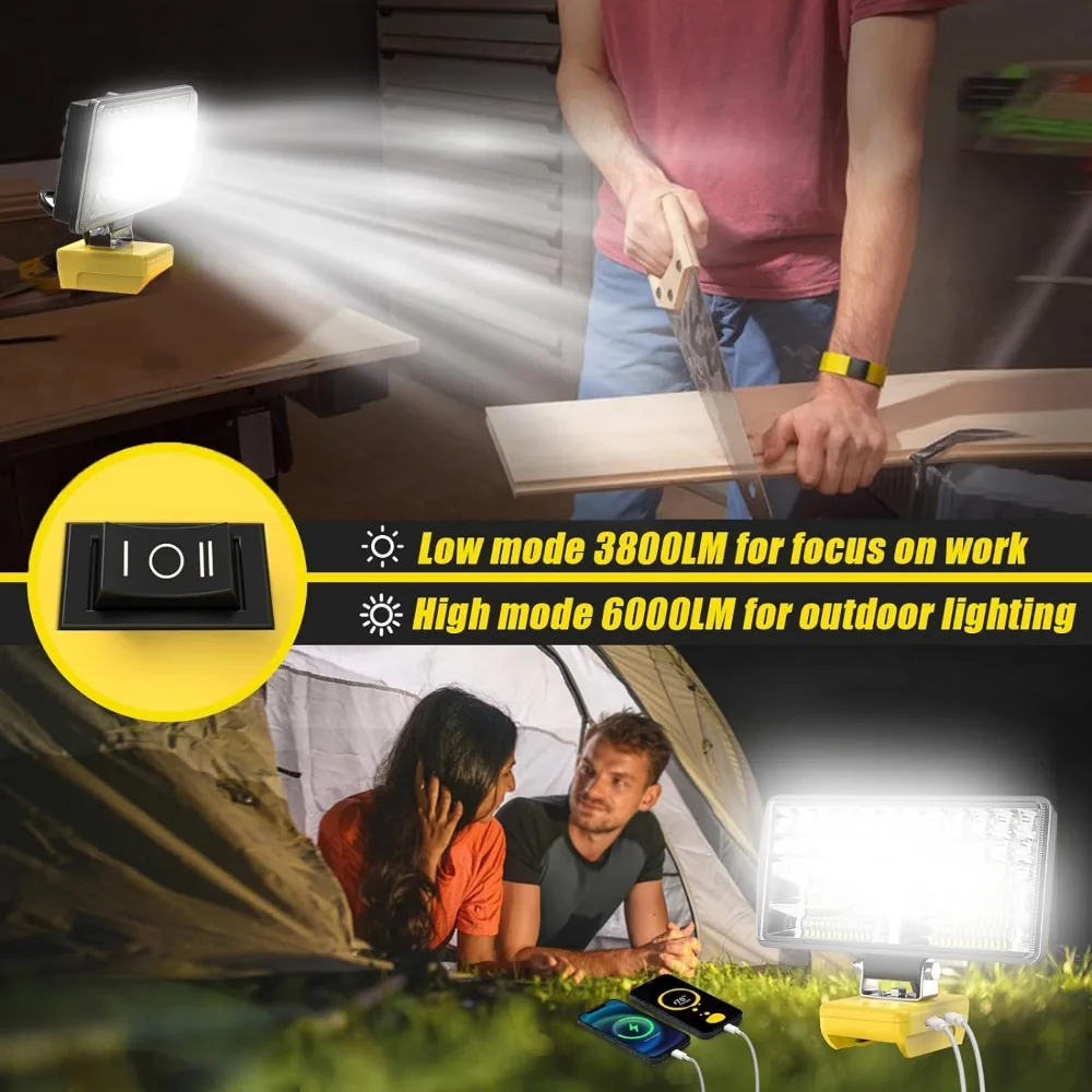  LED ۾, ޴ , LED  , DeWalt 20V ͸ ȣȯ , 2  , 2.1A USB, 6000 LM, 38W