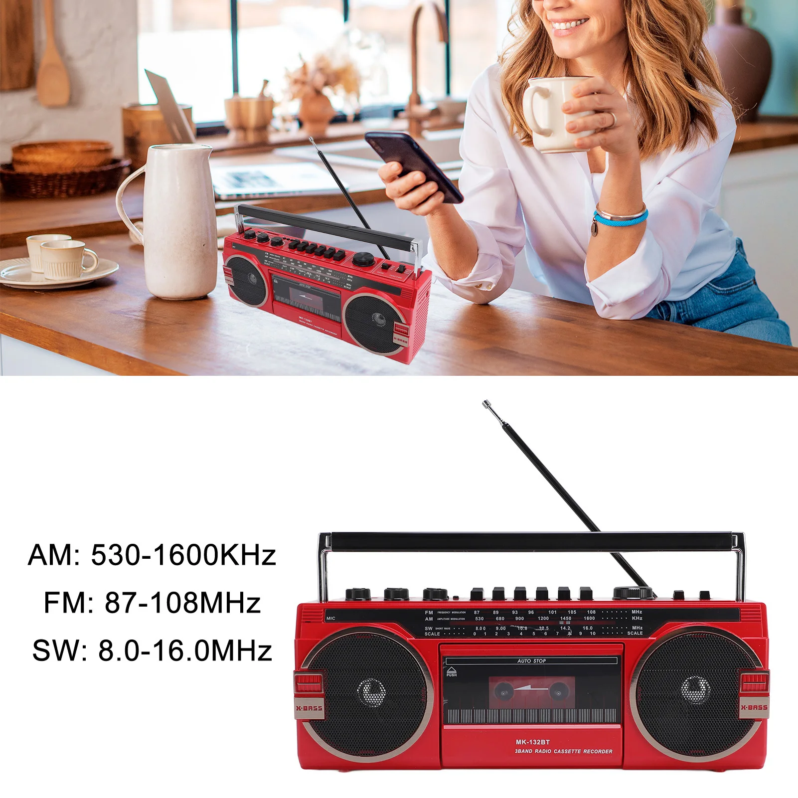 Radio Cassette Player Recorder Battery Operated Cassette Tape Player Recorder Red Bluetooth Speaker AC Powered for Outdoor