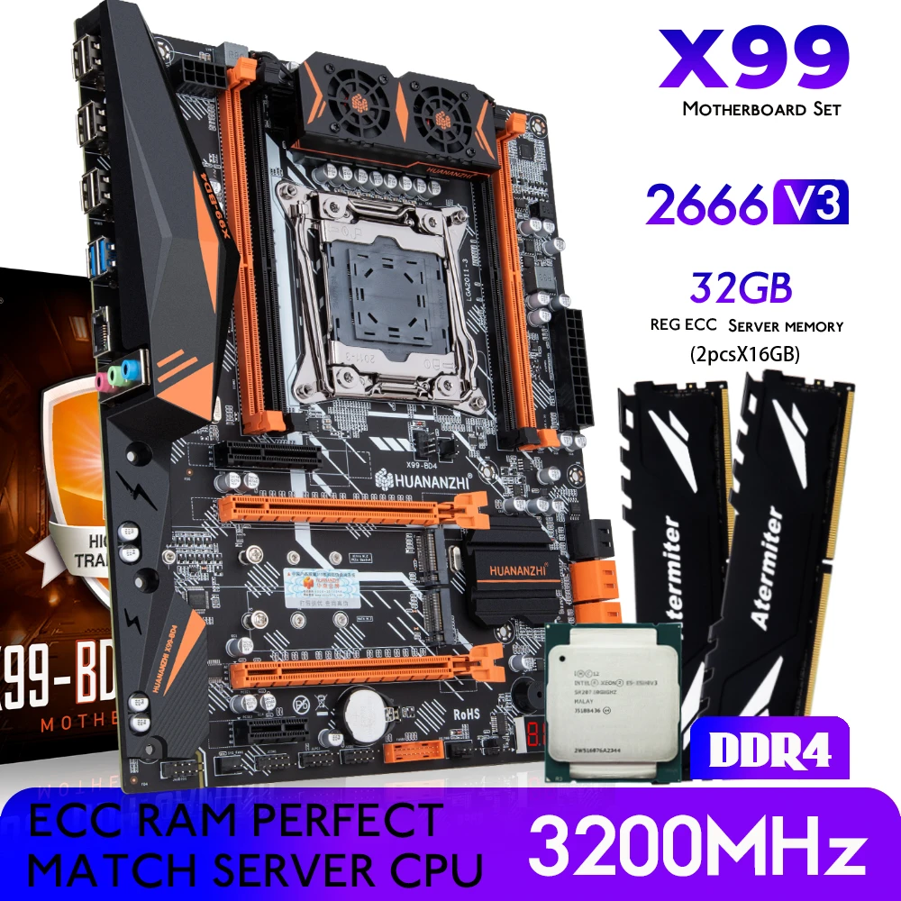  HUANANZHI X99 BD4 Motherboard Combo Kit Set 2011-3 XEON E5 2666 V3 2*16GB= 32GB 3200MHz DDR4 RAM REG ECC Memory NVME USB3.0 ATX 