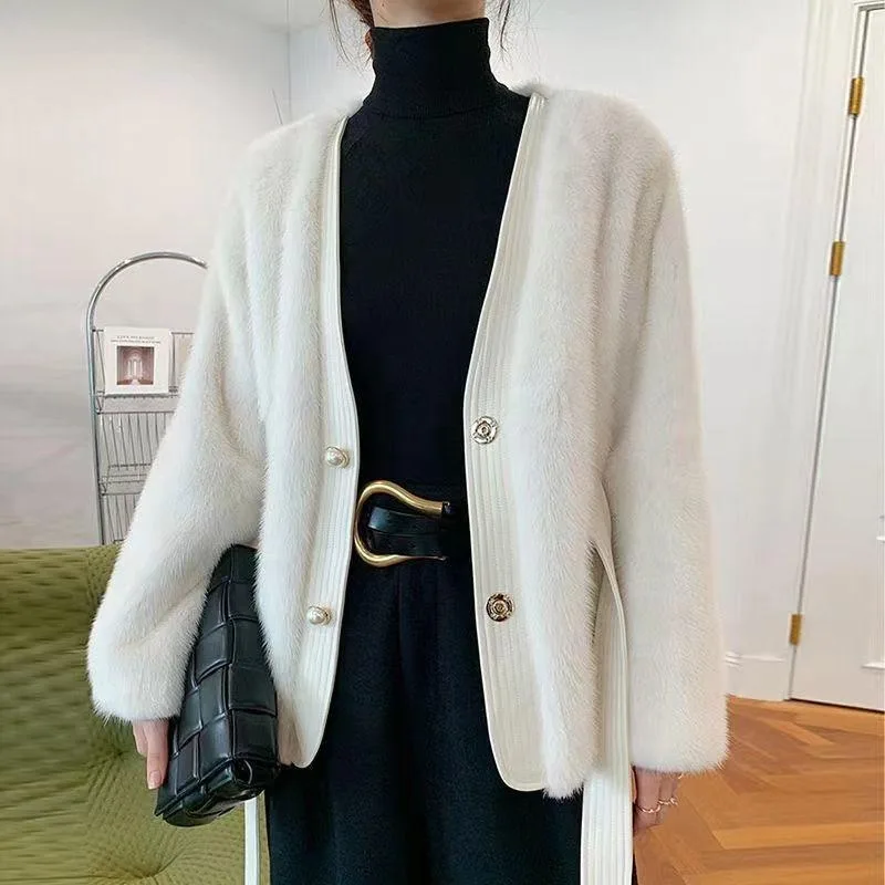 2023 Winter New Artificial Mink Hair Fur Coat Women Imitation Fox Fur Slim Fit Outwear Fashion V-neck Solid Color Luxury Jacket