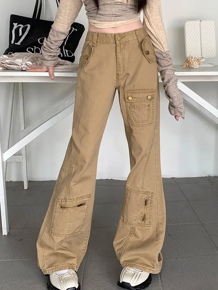 

2023 Cyber Y2K Fashion Khaki Baggy Flare Cargo Jeans Pants For Women Clothes Straight Korean Casual Lady Trousers Pantalon Femme